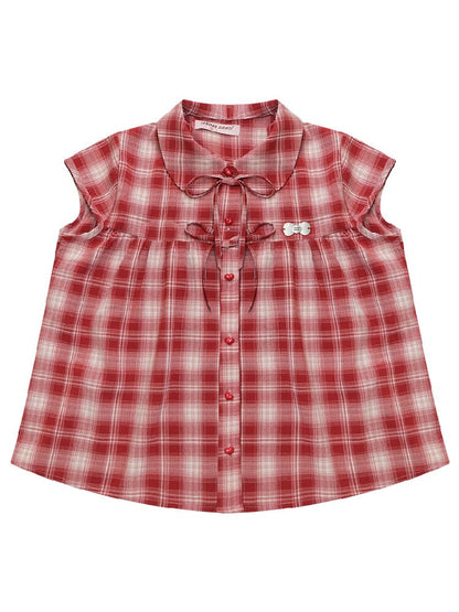 Doll Neck Bow Plaid Preppy Shirt【s0000016850】