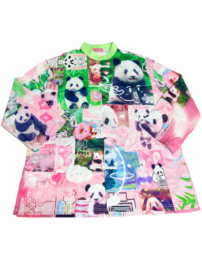Panda Collage Print Stand Collar Long-Sleeve Top【s0000013981】