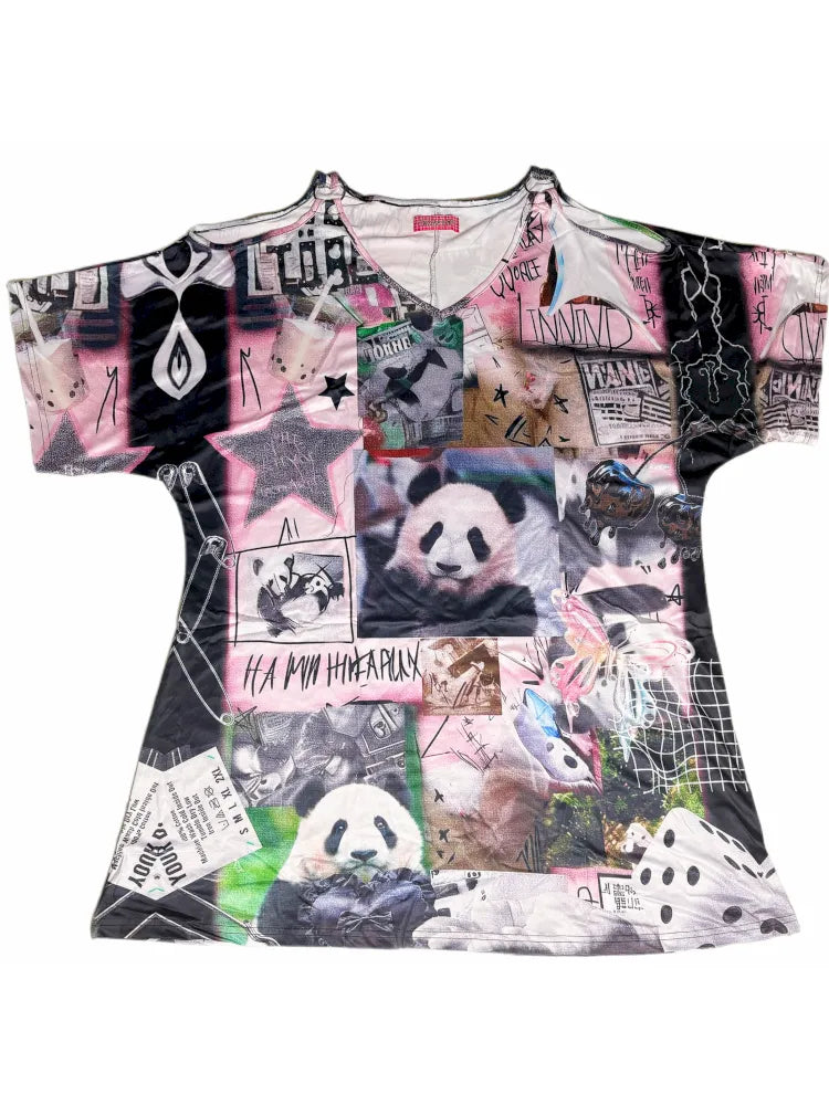 Panda Patchwork Print Off-Shoulder T-Shirt【s0000013979】