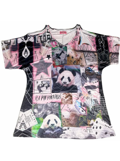 Panda Patchwork Print Off-Shoulder T-Shirt【s0000013979】