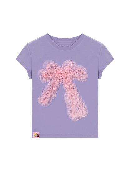 Two-tone mesh bow T-shirt【s0000012828】