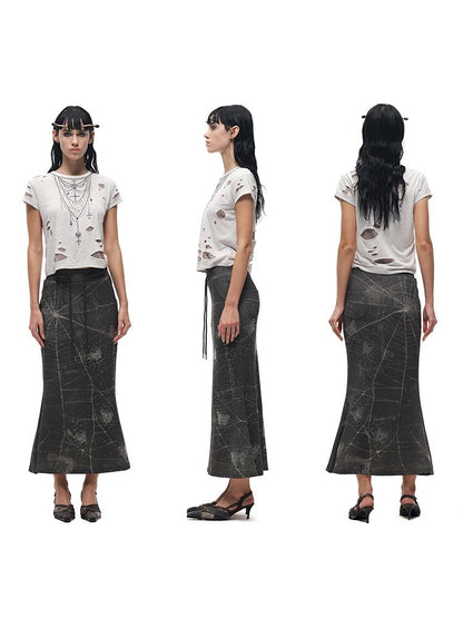 Rhinestone necklace ripped t-shirt【s0000012596】