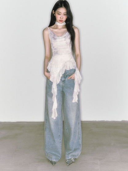 Wide-leg broken holes micro-laundry jeans【s0000012140】