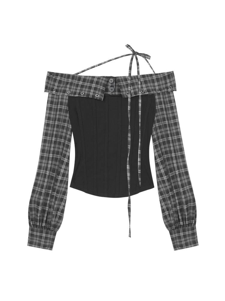 Check Pattern Strap One-Shoulder Shirt【s0000014370】