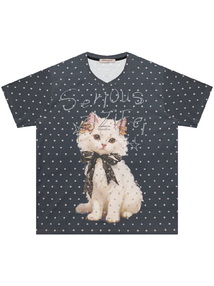 Loose Polka Dot Cat Print T-Shirt【s0000016856】