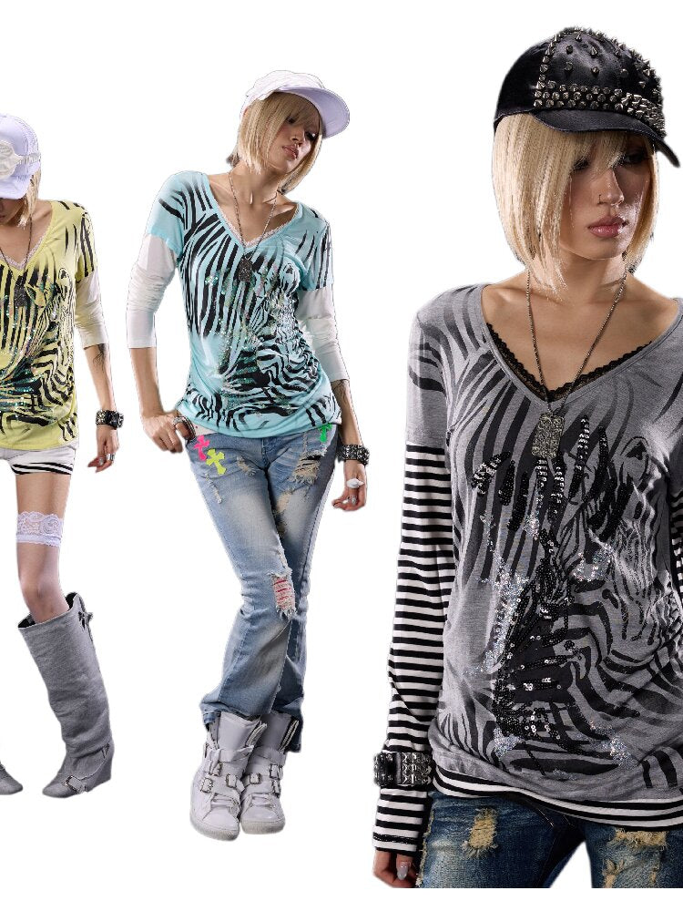 Printed Embroidered V-Neck Lace Shirt【s0000018513】