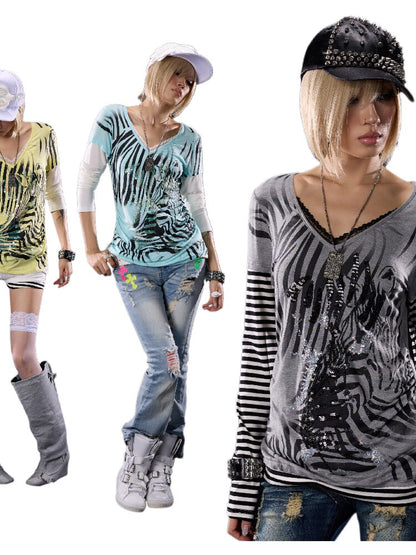 Printed Embroidered V-Neck Lace Shirt【s0000018513】