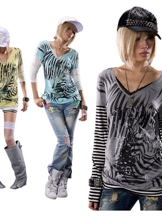 Printed Embroidered V-Neck Lace Shirt【s0000018513】