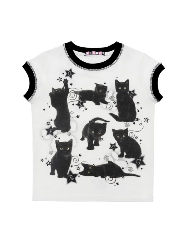 Black Cat Print Short Sleeve T-Shirt【s0000012587】