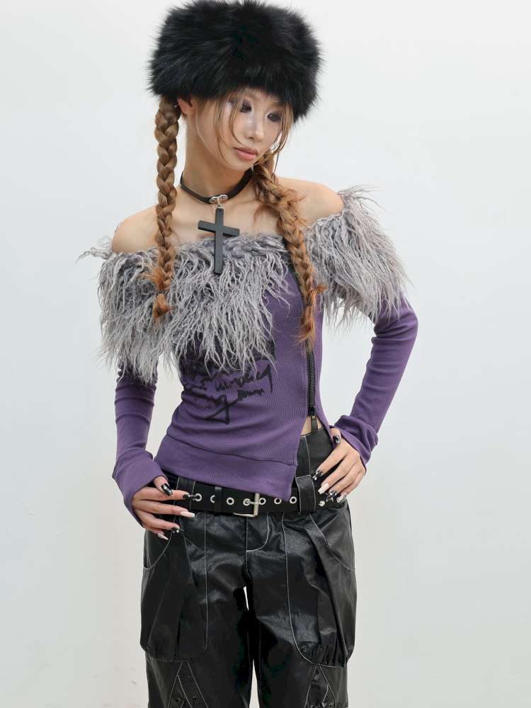 Hairy One-Shoulder Slim Print Knit T-Shirt【s0000014828】