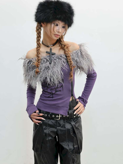 Hairy One-Shoulder Slim Print Knit T-Shirt【s0000014828】