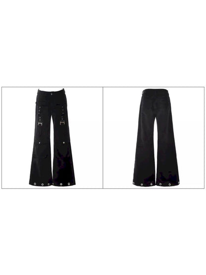 D-ring air eyelets decorated loose thin straight pants【s0000006272】