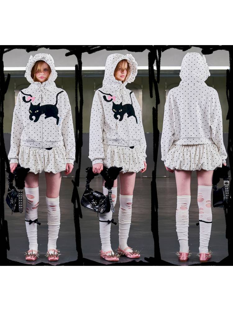 Black Cat Embroidered Cat Ear Hoodie Jacket【s0000014422】