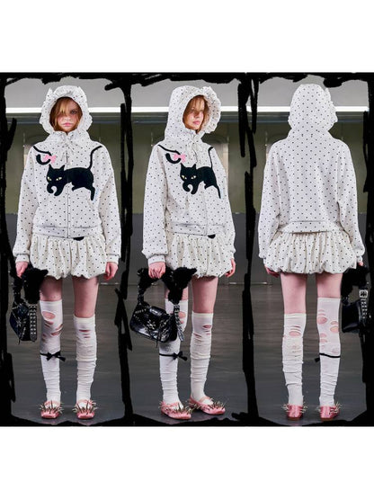 Black Cat Embroidered Cat Ear Hoodie Jacket【s0000014422】