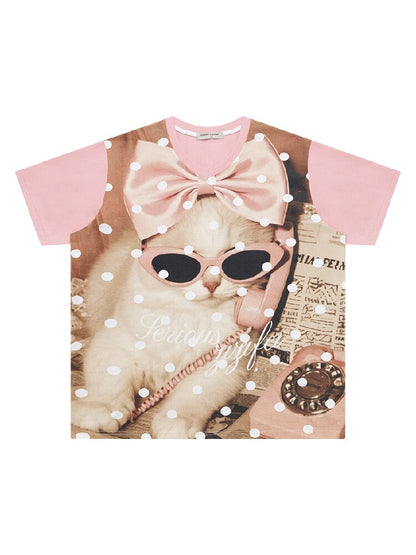Wave Cat Print Loose Short Sleeve T【s0000017670】