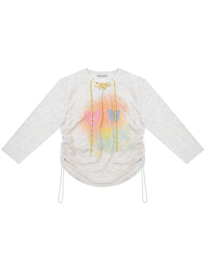 Butterfly Print V-Neck Strap Long Sleeve T-Shirt【s0000014360】