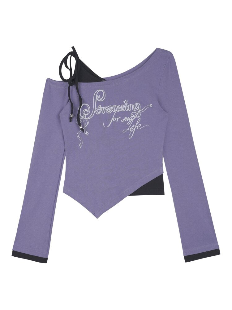 Black Purple Print Fake Two Tee【s0000015469】