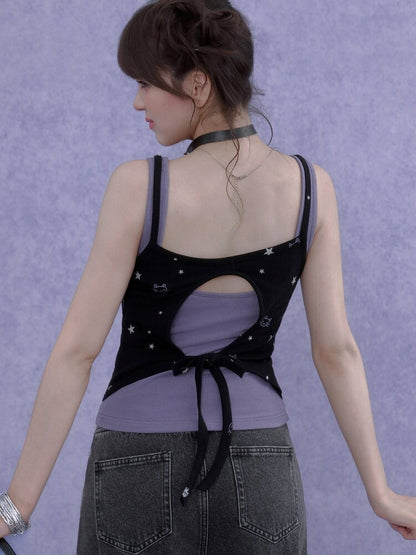 Black Purple Print Hollow Camisole【s0000016648】