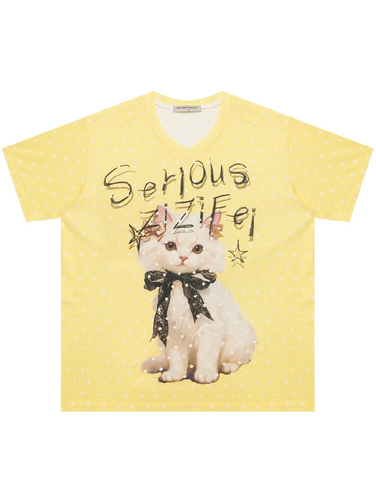 Loose Polka Dot Cat Print T-Shirt【s0000016857】