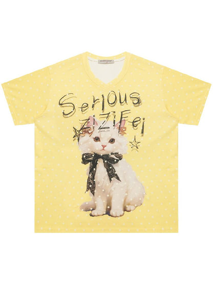 Loose Polka Dot Cat Print T-Shirt【s0000016857】