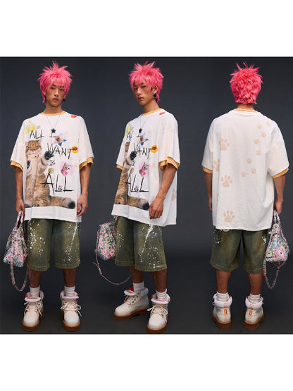 Cat Print Loose Fit T-Shirt【s0000017028】