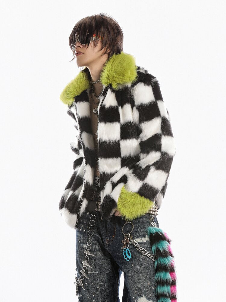Checkerboard Patchwork Faux Coat【s0000019278】