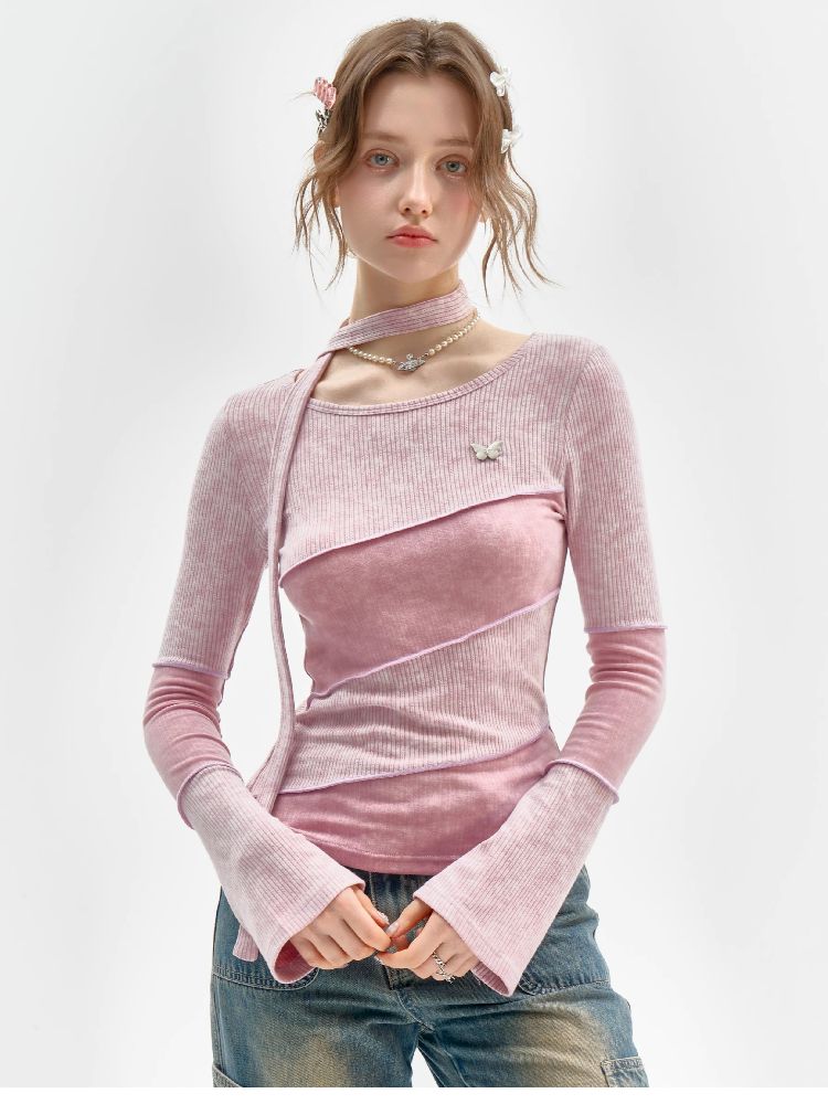 Splicing Collar Long Sleeve T-Shirt【s0000011518】