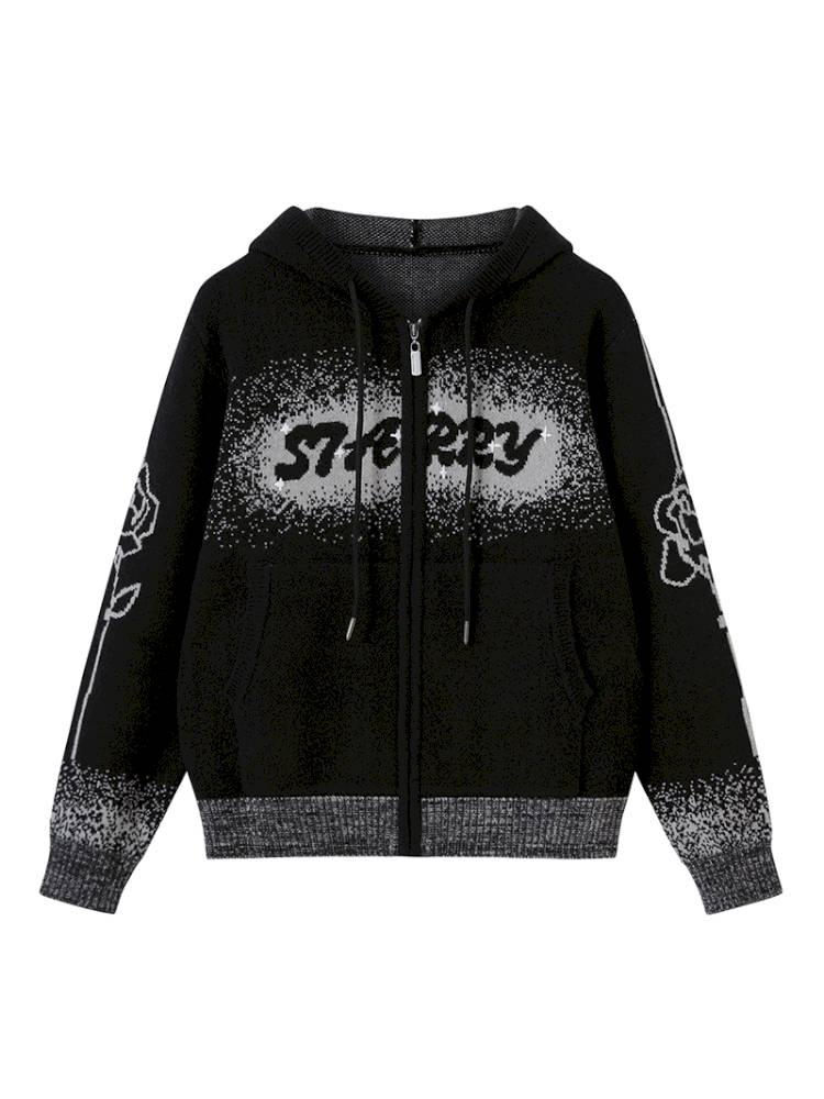 Hooded Black Knit Cardigan【s0000014387】