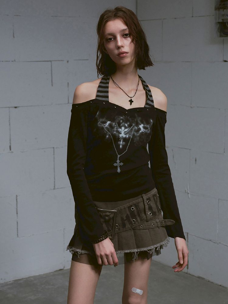 Hanging Neck Long Sleeve Tops【s0000011849】