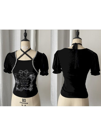 Black bubble sleeves T-shirt top【s0000012812】