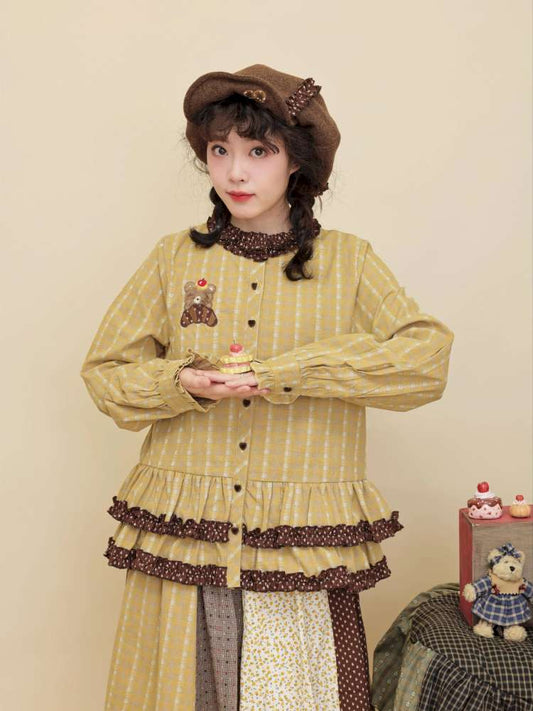 Vintage Girly Lace Bear Turmeric Shirt【s0000014839】