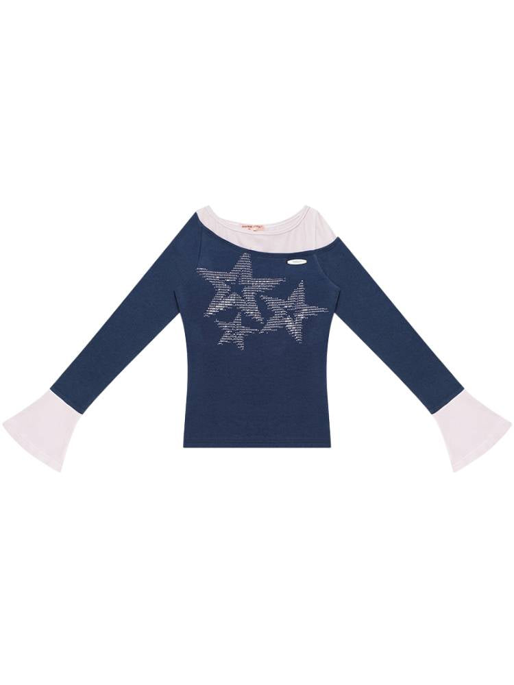 Star Print Dark Blue Long Sleeve T-Shirt【s0000014361】
