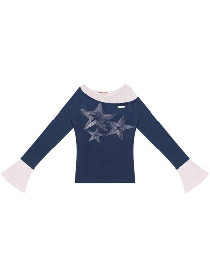 Star Print Dark Blue Long Sleeve T-Shirt【s0000014361】