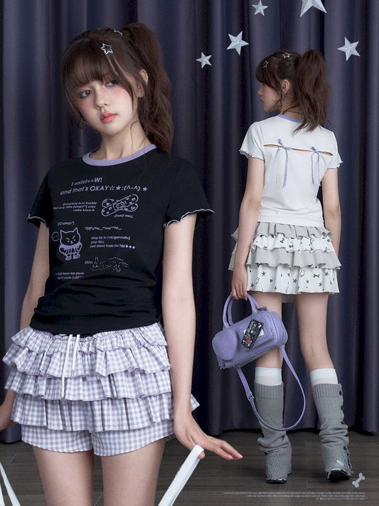 Printed Short Sleeve Bow T-Shirt【s0000012079】
