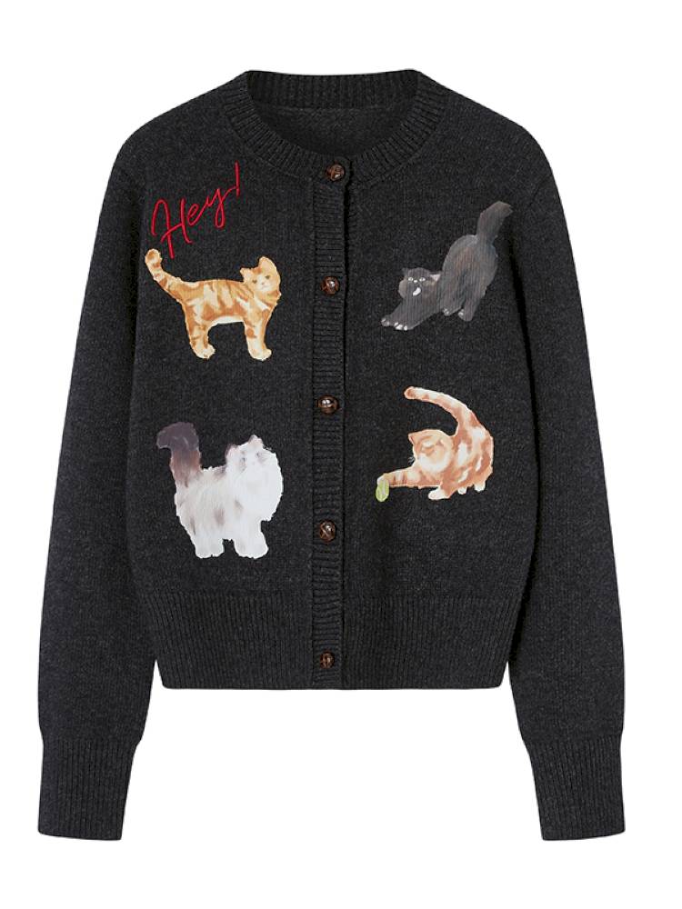 Playful Kitten Print Knit Cardigan【s0000014395】