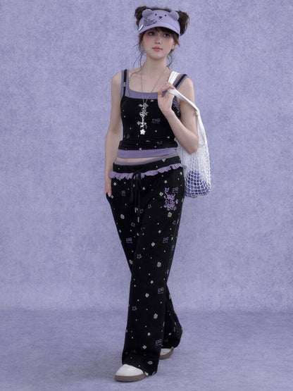 Black Purple Lace Print Trousers【s0000016649】