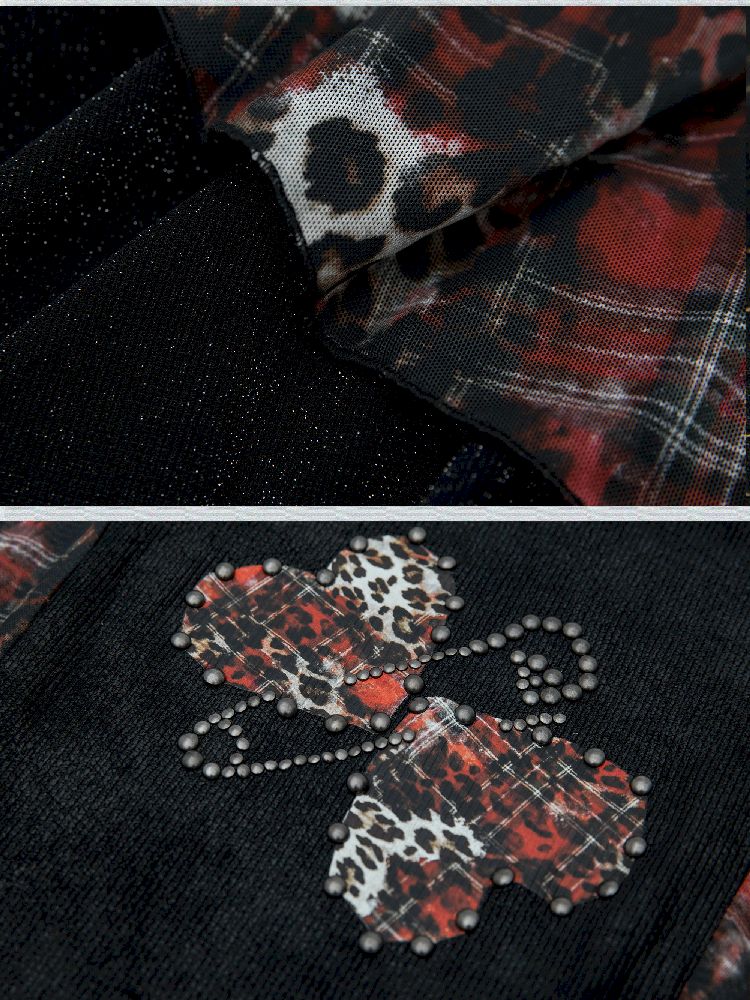 Leopard Print Rhinestone Knitted Mesh Stretch Splicing Dress [S0000009379]
