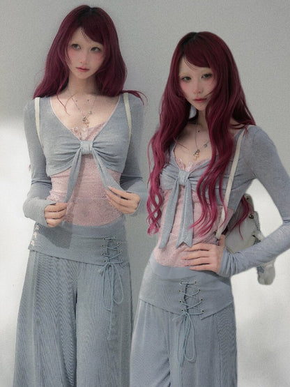 Gray Pink Patchwork Bow Strap Set【s0000019257】