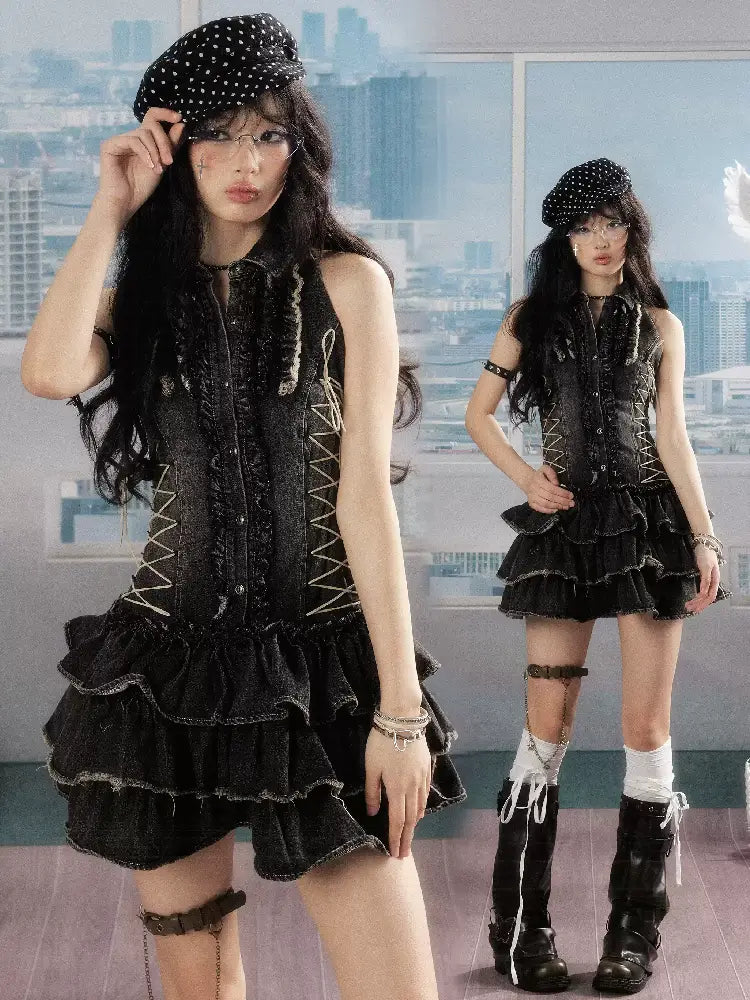 Plaid Ruffled Waist Black Dress【s0000016539】