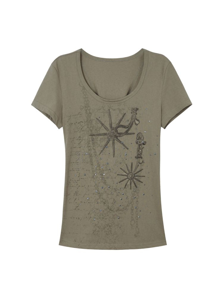 Basic Style Western Print Rhinestone T-Shirt【s0000012833】
