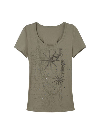 Basic Style Western Print Rhinestone T-Shirt【s0000012833】