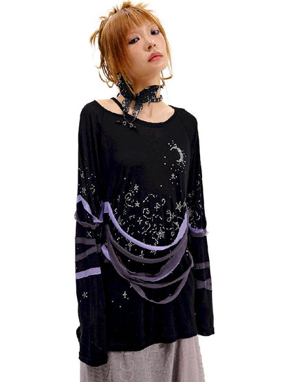 Starry Night Rhinestone Long Sleeve T-Shirt【s0000010505】