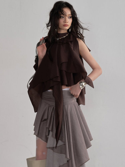 Pleated Linen Lace Asymmetrical Skirt【s0000015691】