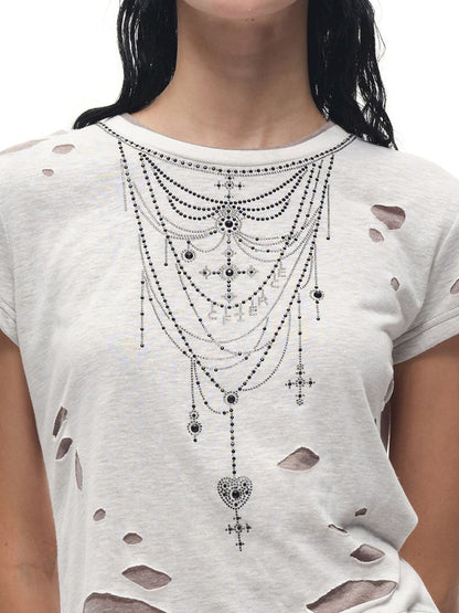 Rhinestone necklace ripped t-shirt【s0000012596】
