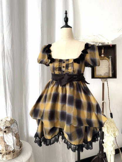 Plaid Puff Sleeve Lantern Dress【s0000016892】