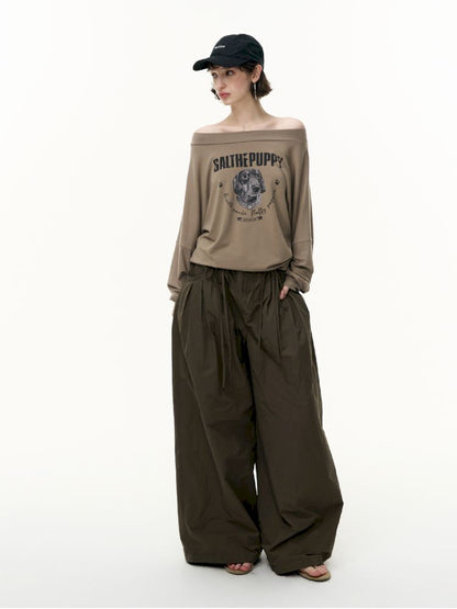 Puppy Printed Slant Shoulder Long Sleeve T-Shirt【s0000013744】