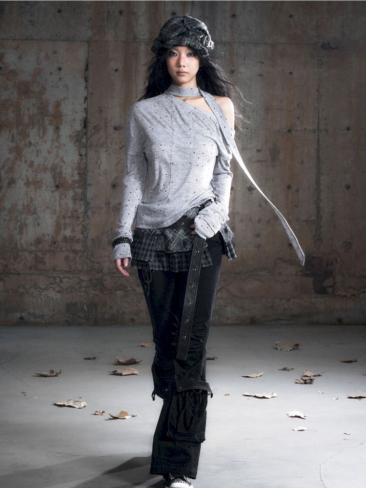 Cross Print Long Sleeve Knit Slouchy T-Shirt【s0000013892】