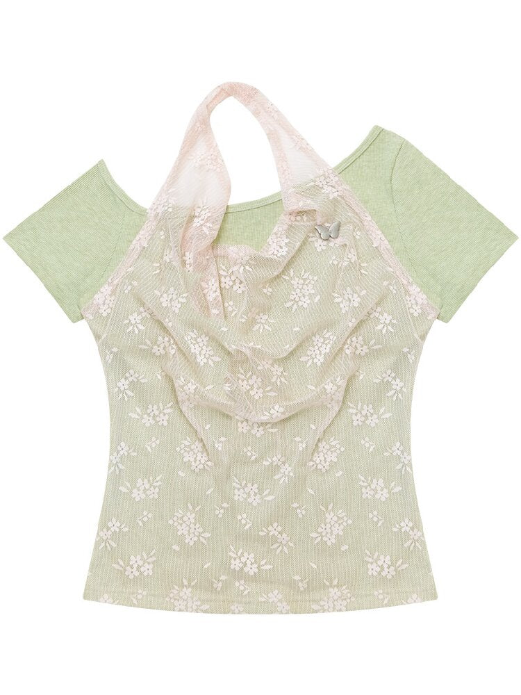 Fake Two-Piece Patchwork Lace Short T【s0000017682】