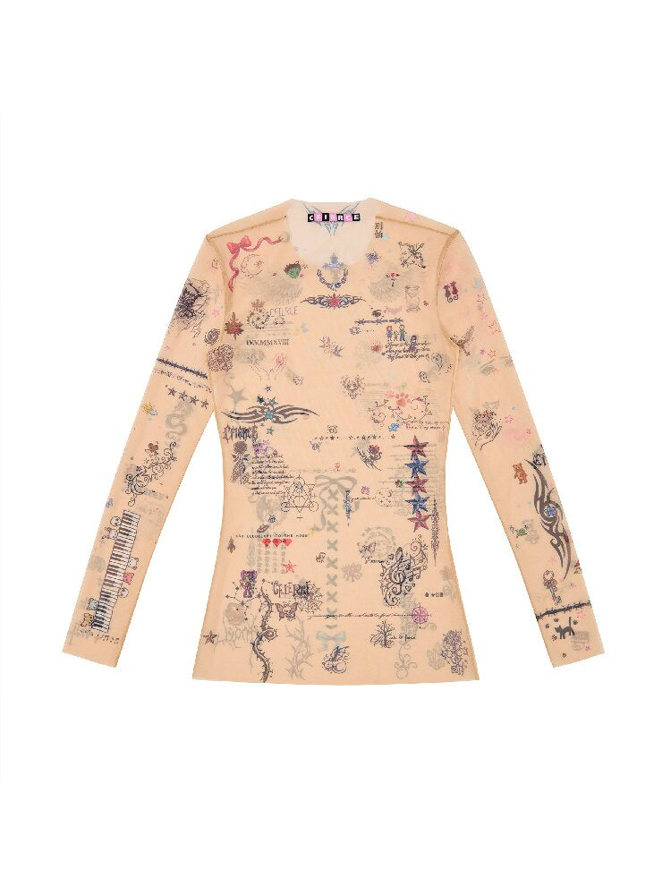Manuscript Tattoo Print Long Sleeve Top【s0000018741】