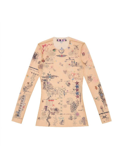 Manuscript Tattoo Print Long Sleeve Top【s0000018741】